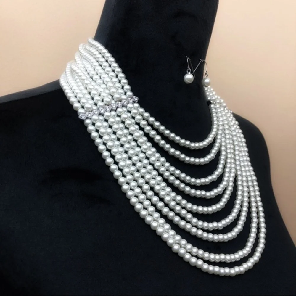 9 Row Layered Pearl Statement Necklace & Earrings Set